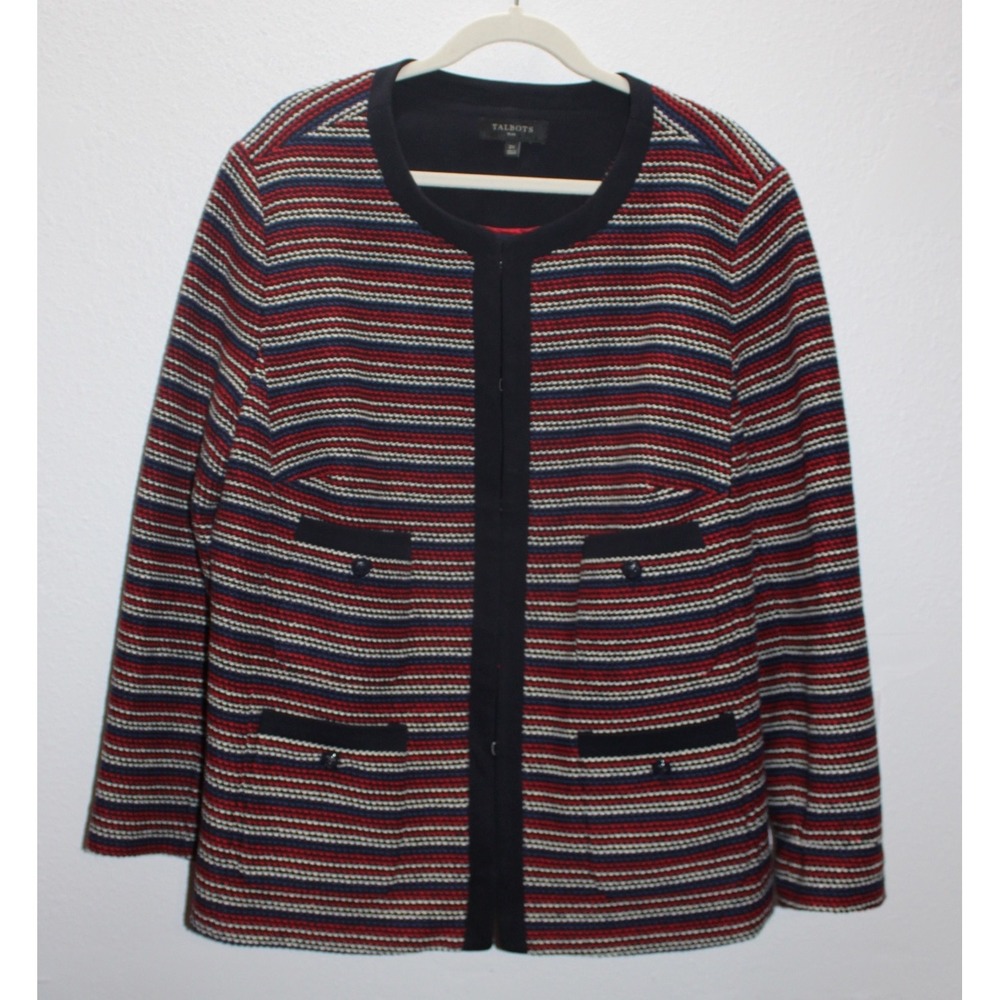 Talbots Plus 2X Navy Red White Striped Open Front Collarless Jacket Blazer